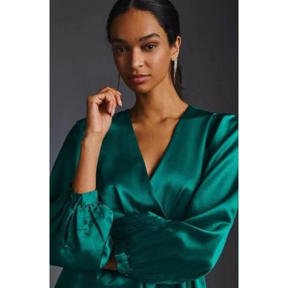 Anthropologie x Nikasha Embroidered Satin Maxi Dress Emerald Green Size Medium - Picture 3 of 12
